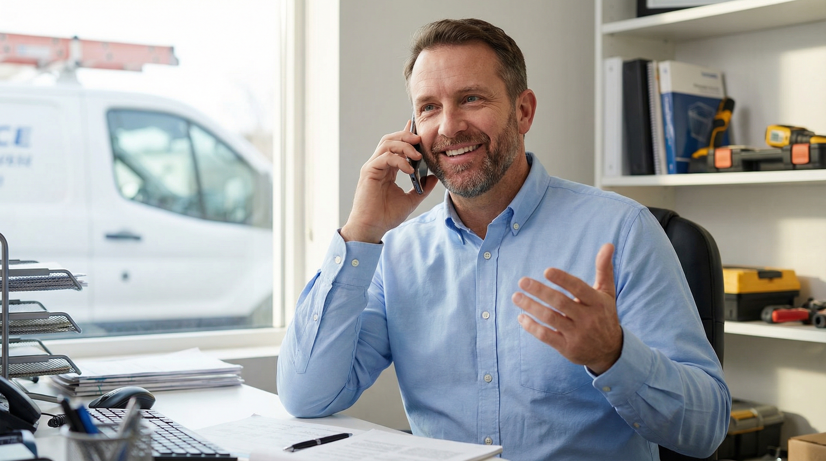 HVAC business owner on phone